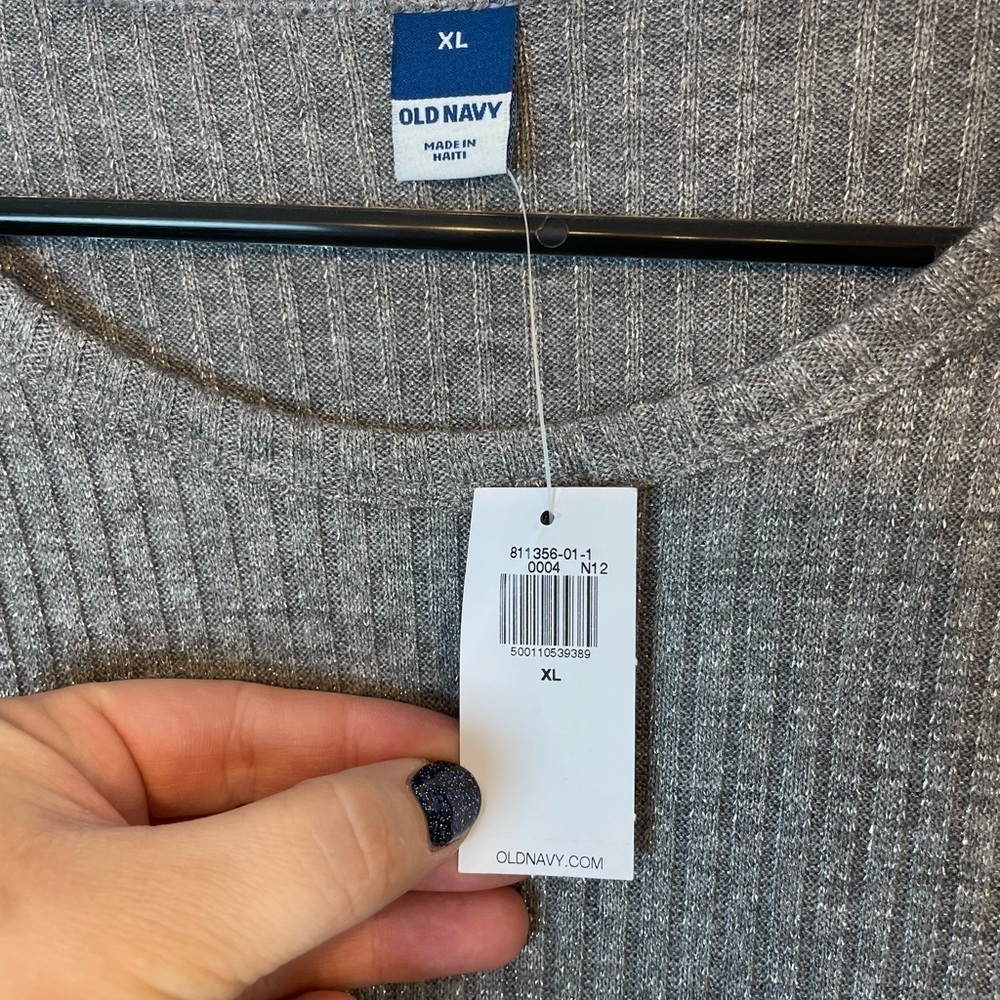 Old Navy | Women's Silver Gray Shimmer Round Neck Stretch Ribbed Long Sleeve Top - Picture 2 of 4